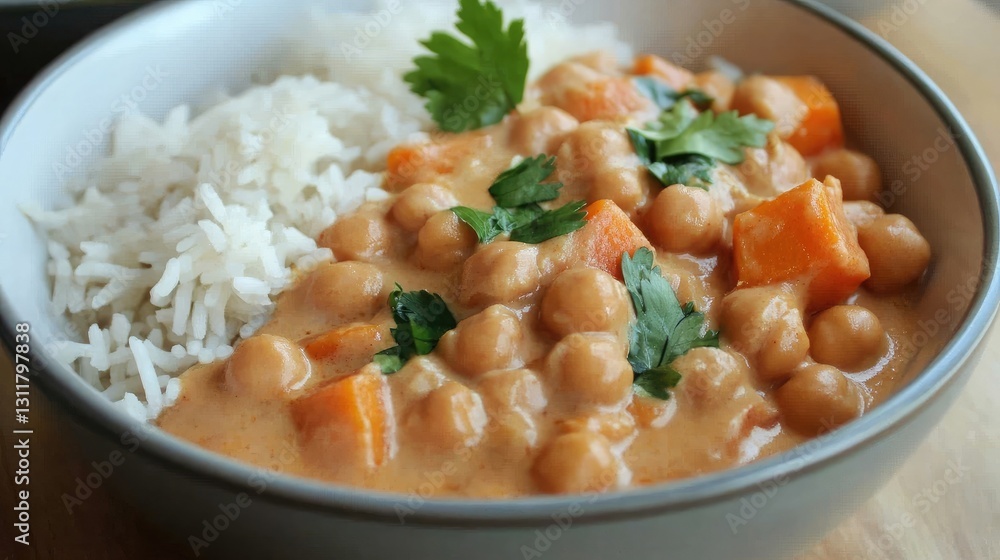 A bowl of creamy coconut curry with chickpeas, sweet potatoes, and jasmine rice. A bowl of creamy coconut curry with chickpeas, sweet potatoes, and jasmine rice.