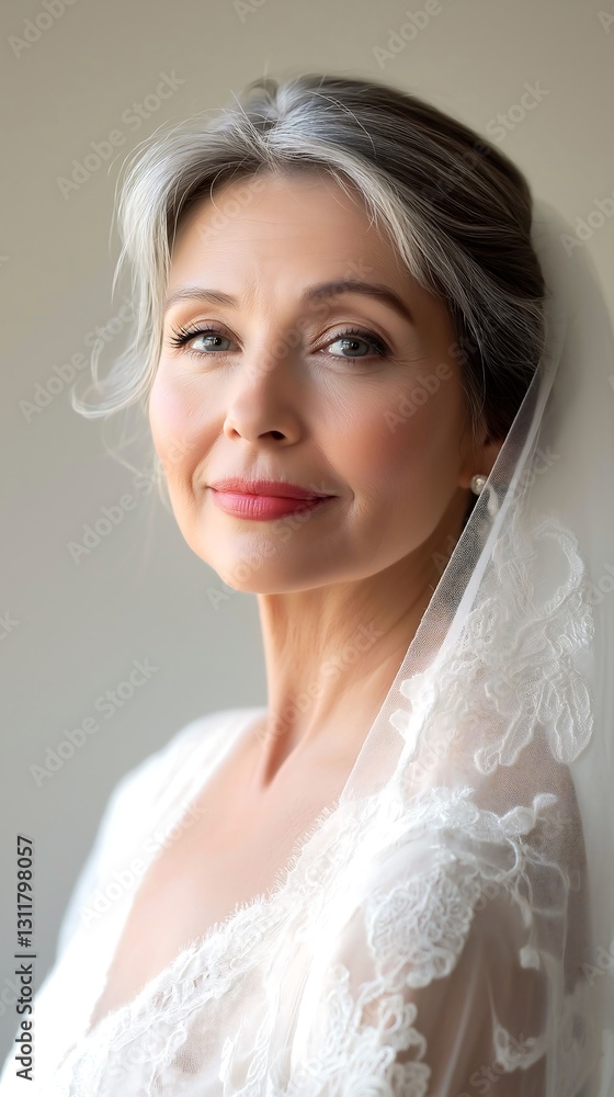 Elegant bride with silver hair in soft lighting at indoor setting Elegant bride with silver hair in soft lighting at indoor setting