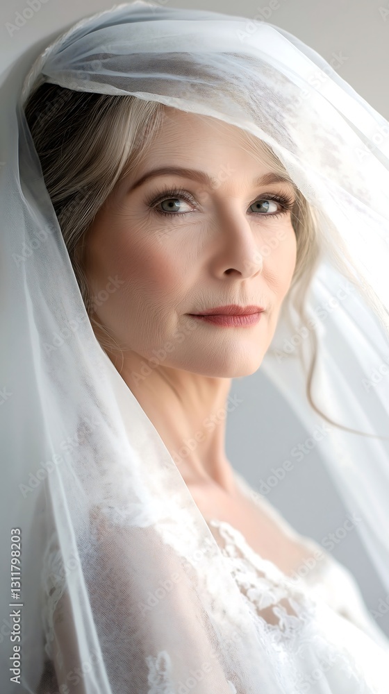 Elegant bride wearing veil with soft light illuminating her features Elegant bride wearing veil with soft light illuminating her features