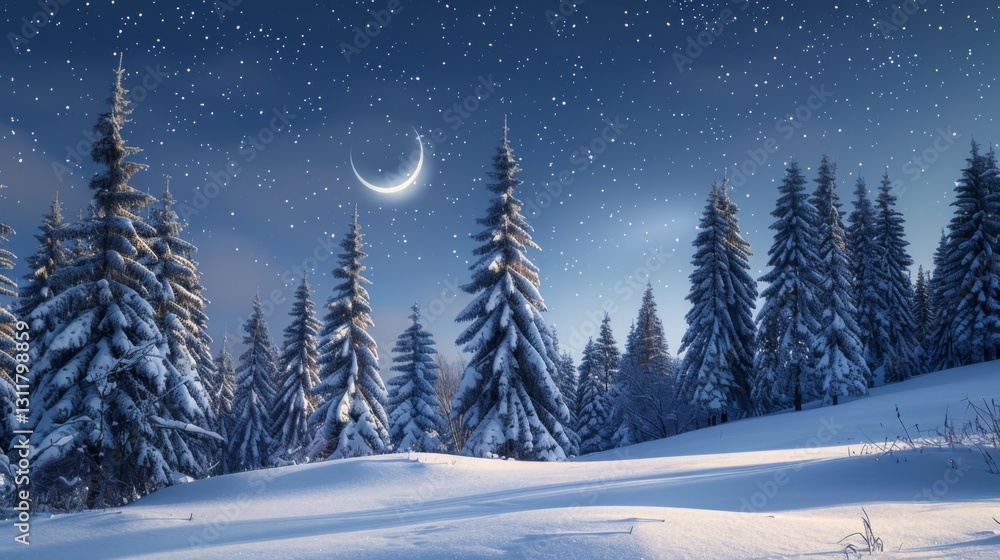 Snowy landscape under a starry night sky. Snowy landscape under a starry night sky.
