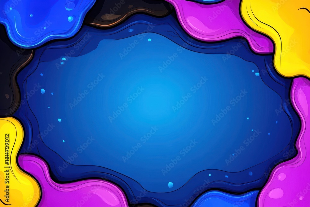 Fototapeta premium Colorful frame. Paint spills surround deep blue gradient. Decorative border with texture and vibrant color