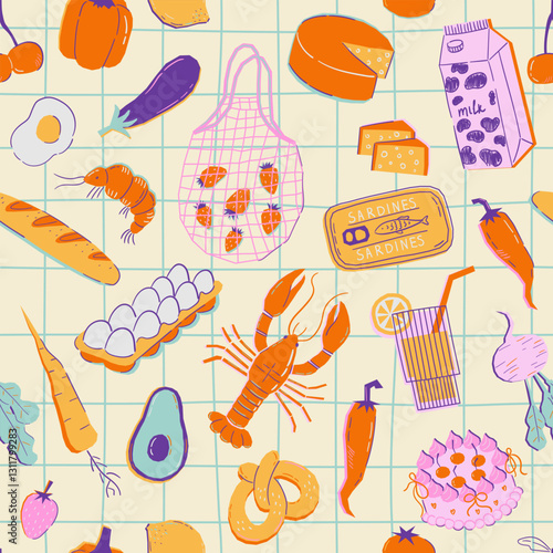 Seamless vector pattern with contemporary art food illustrations. Vegetables, fruits, berries, lobster, fish in trendy geometric style on checkered background. Colorful abstract dinner party texture