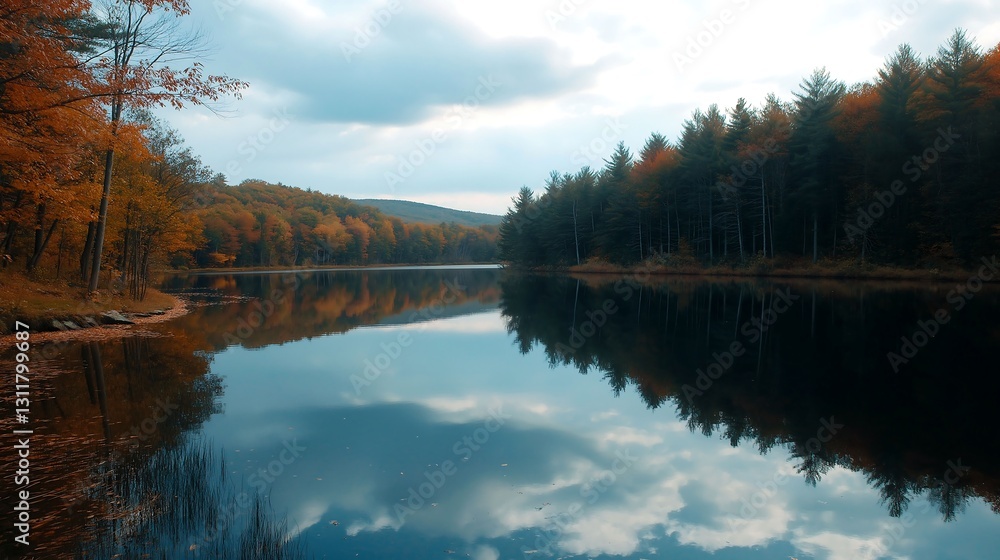 Obraz premium Autumn reflections on a tranquil lake in a forested area
