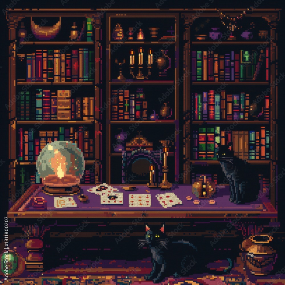 Fototapeta premium A cozy study is filled with books and candles, casting warm light. Two black cats sit near a table covered with tarot cards and a crystal ball, creating a mysterious atmosphere