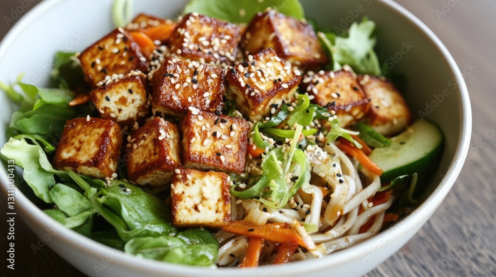A fresh bowl of cold soba noodles with sesame dressing and crispy tofu. A fresh bowl of cold soba noodles with sesame dressing and crispy tofu.