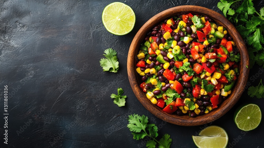 A fresh corn and black bean salad with cilantro, lime, and red bell peppers. A fresh corn and black bean salad with cilantro, lime, and red bell peppers.