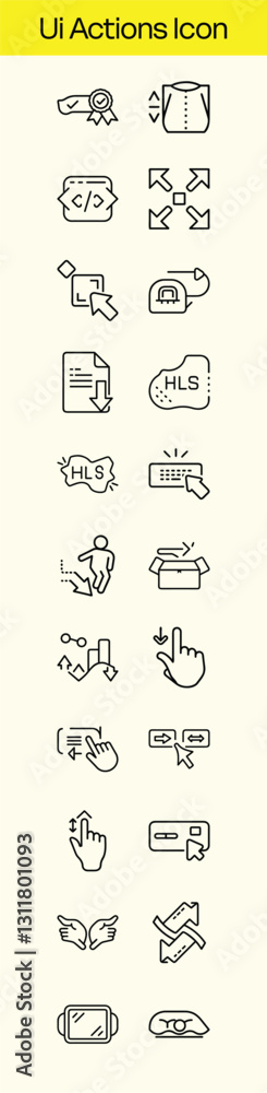 A collection of line icons depicting user interface elements, including gestures, HLS streaming, file downloads, and coding. Clean, modern design.