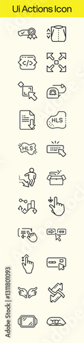 Obraz na płótnie A collection of line icons depicting user interface elements, including gestures, HLS streaming, file downloads, and coding. Clean, modern design. w salonie