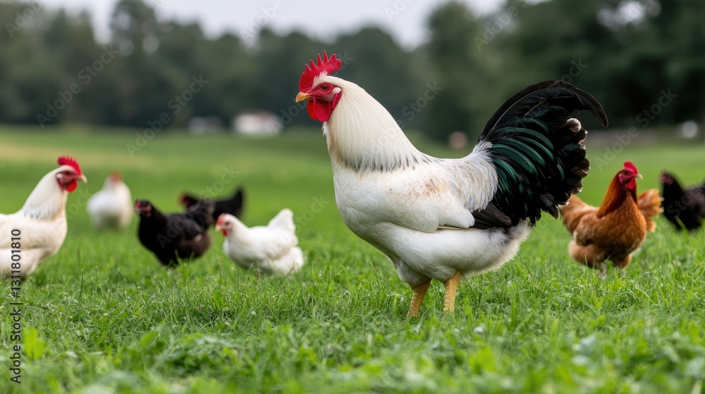 A striking black rooster with a white head and red tail stands on lush green grass, surrounded by other chickens searching for food A striking black rooster with a white head and red tail stands on lush green grass, surrounded by other chickens searching for food
