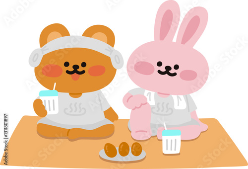 찜질방 데이트를 하는 곰돌이와 토끼 캐릭터 