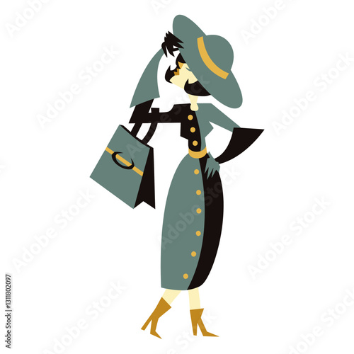 art deco woman hat bag character 