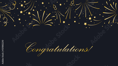Horizontal banner with word congratulations. Festive background with gold fireworks, explosions of sparks and confetti. Handwritten text. Template for Christmas, New Year, Birthday, Anniversary. Vecto