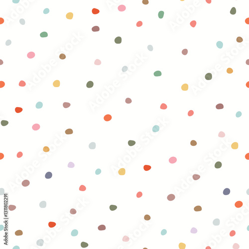 Seamless pattern with colorful polka dots on white nackground. Vector illustration for wrapping paper, fabric clothes.