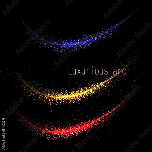 Set of multicolored arches with tinsel on black background, isolated design element.