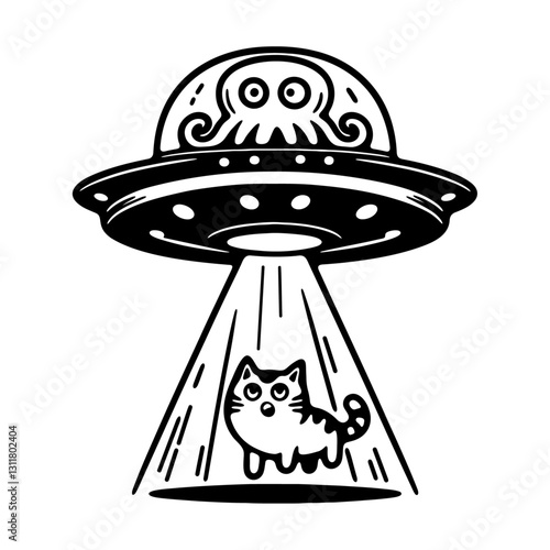 UFO with an octopus abducting a cat, funny cartoon doodle