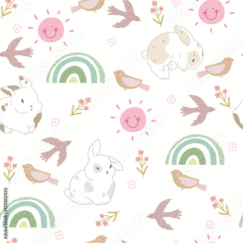 Seamless pattern with bunny, pink sun, rainbows and flowers. Vector illustration for Easter.