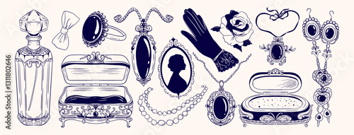 Elegant hand drawn vintage set with boudoir accessories with jewelry, perfume, and ornate details