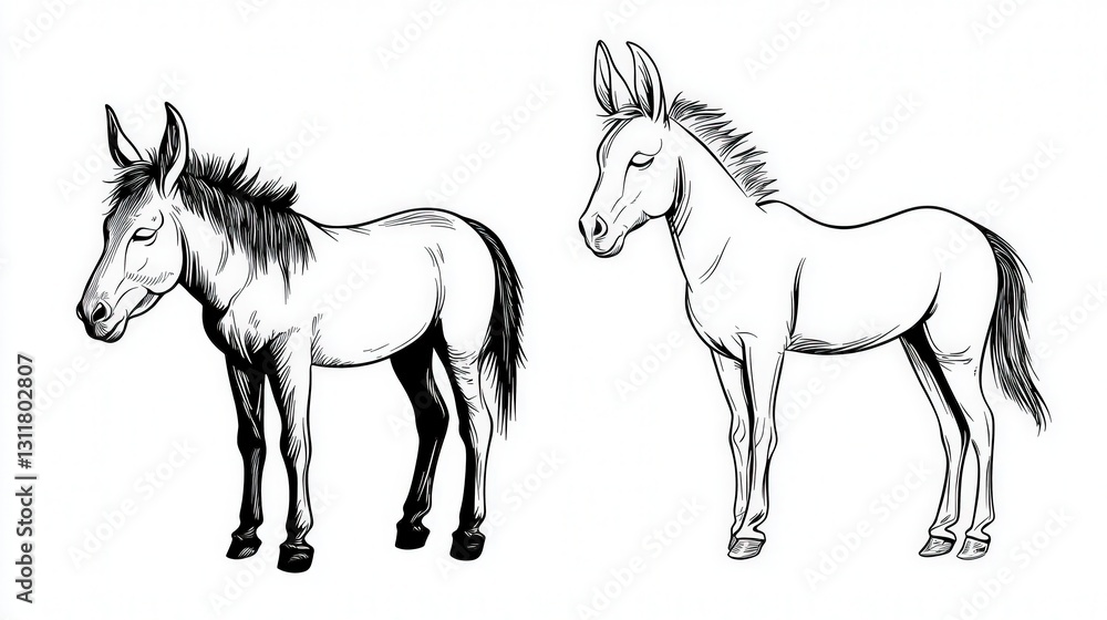 Obraz premium Two donkeys, line art, black and white illustration.
