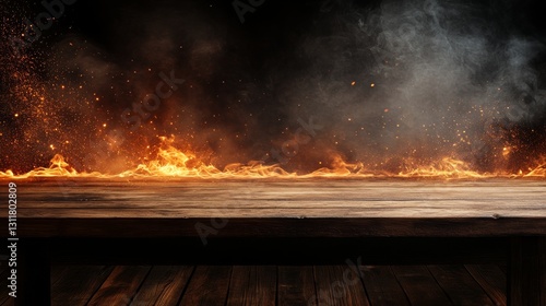 A striking image of flames rising from wooden planks, casting an orange glow amid sparks and smoke. The intense fire and dark setting evoke heat, danger, and energy, perfect for illustrating