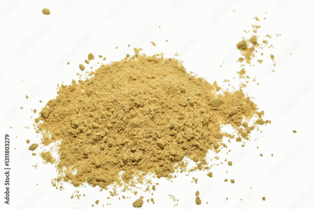Dry ground food spice mustard on white background. Dry ground food spice mustard on white background.