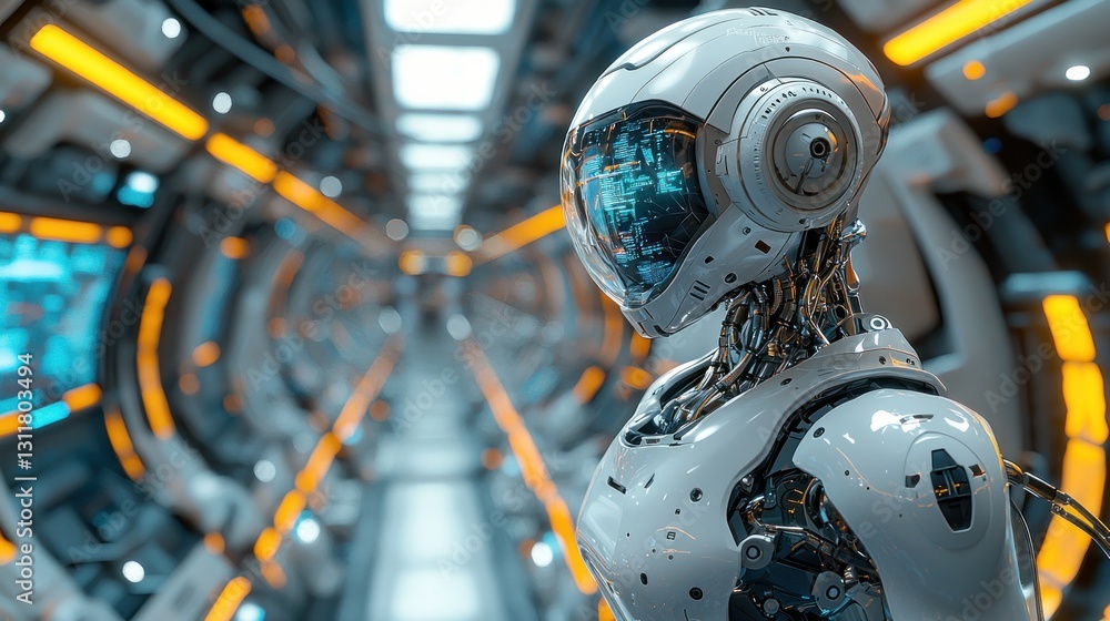 Futuristic Robot in Spaceship Corridor with Advanced Technology and Lighting Futuristic Robot in Spaceship Corridor with Advanced Technology and Lighting