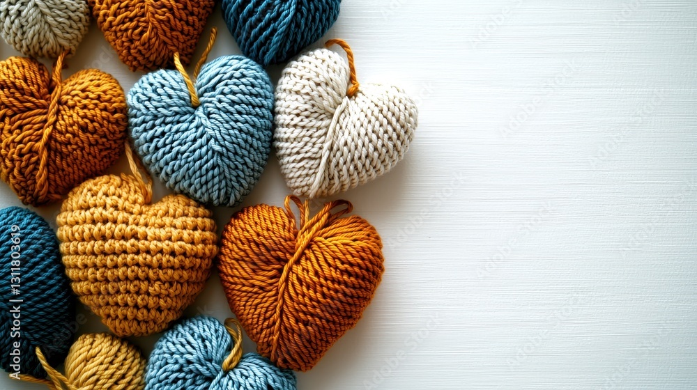 Naklejka premium Knitted hearts, artful display, white background