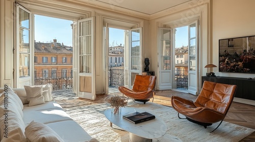 Luxury Rome apartment with a stylish lounge chair, open glass windows revealing historic architecture and cobblestone streets