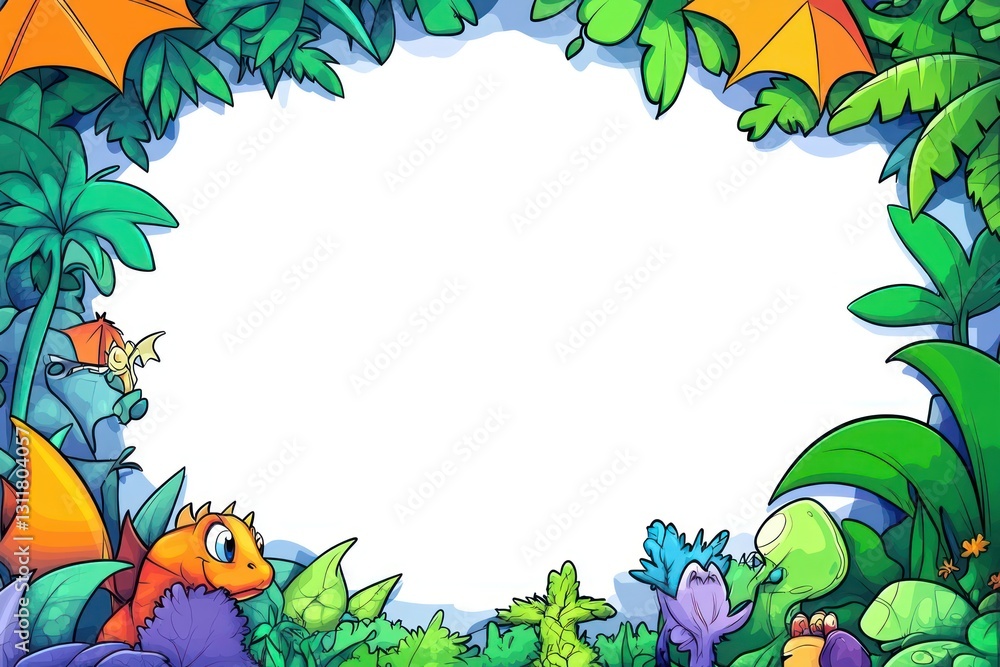 Naklejka premium Cute creatures frame a blank canvas in vibrant jungle with lush vegetation and bright colors