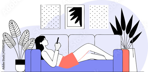 woman relaxed on stylish sofa, using her phone in cozy living room