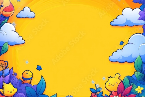 Cute cartoon creatures among flora in sunburst sky surrounded by blue flora, clouds, and star accents