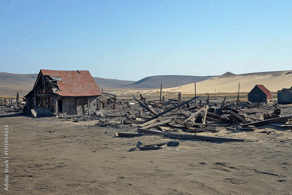 Ghost town with collapsed buildings overtaken by sand in a desolate landscape near dunes Ghost town with collapsed buildings overtaken by sand in a desolate landscape near dunes