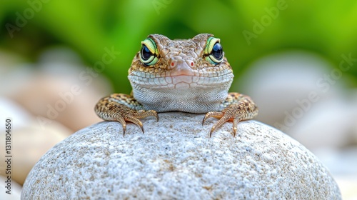 Lizard on Rock, Green Background photo