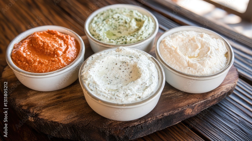 A rustic wooden board with a variety of freshly made dips, including hummus and tzatziki. A rustic wooden board with a variety of freshly made dips, including hummus and tzatziki.