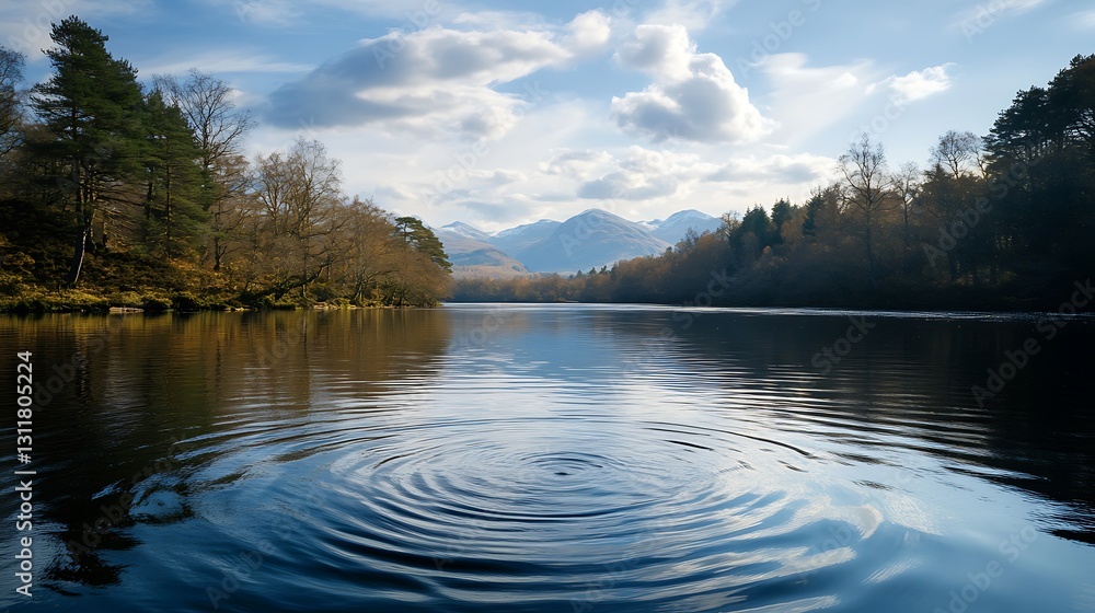 Fototapeta premium Serene lake reflecting mountains under a partly cloudy sky, with concentric ripples on the water's surface.