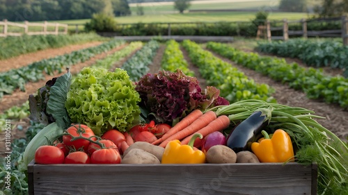 Fresh Organic Vegetables in a Wooden Crate on a Farm