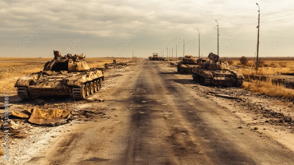 A convoy of destroyed military vehicles on a deserted road, a grim reminder of war A convoy of destroyed military vehicles on a deserted road, a grim reminder of war