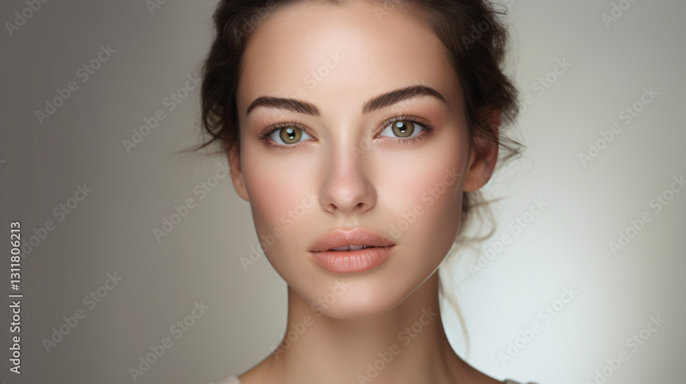 Fototapeta premium A front view medium headshot of an American female at a cosmetic skincare salon, exuding confidence.