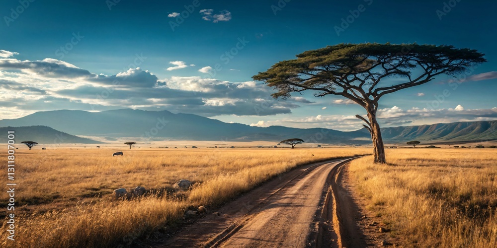Fototapeta premium Serene African Savanna with Lone Acacia Tree and Golden Grasslands V2