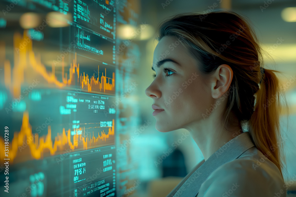 Businesswoman analyzing financial data and trends in modern workplace environment. Focused businesswoman studies critical financial data on a digital screen filled with graphs and statistics Businesswoman analyzing financial data and trends in modern workplace environment. Focused businesswoman studies critical financial data on a digital screen filled with graphs and statistics