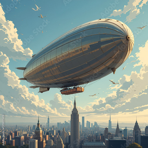 Showcases the majestic beauty and imposing presence of an airship floating above a city. Zeppelin. Illustration photo