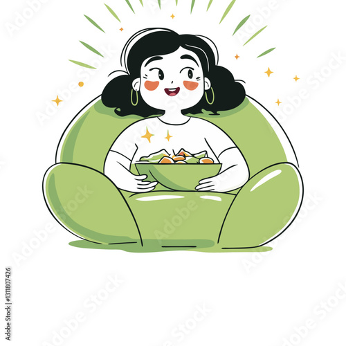 Minimalist vector illustration of a happy woman sitting in a bean bag chair enjoying a bowl of salad, symbolizing healthy eating, relaxation, and self-care.