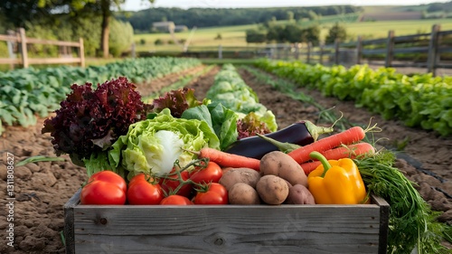 Fresh Organic Vegetables in a Wooden Crate on a Farm