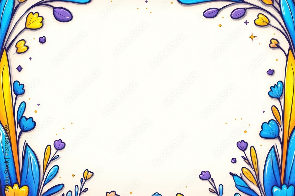 Floral border with blue, yellow, and purple flower designs creating a frame on a neutral background Floral border with blue, yellow, and purple flower designs creating a frame on a neutral background