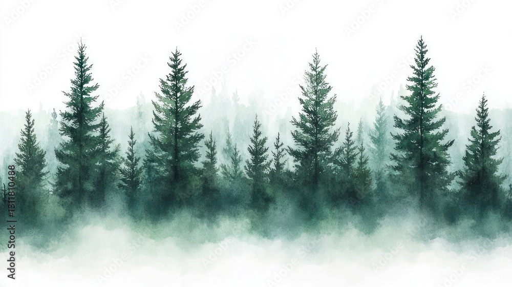 Obraz premium Minimalist watercolor pine trees in gradient shades of green, white background