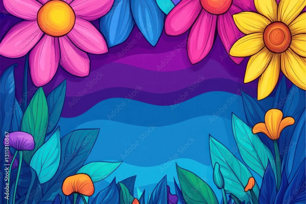 custom made wallpaper toronto digitalFloral frame Colorful blossoms and foliage against dreamy purple and blue gradient background