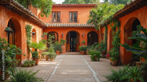 Charming courtyard adorned with vibrant greenery in a rustic Spanish-style building during a sunny afternoon