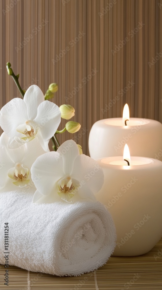 Relaxation is at its peak with soft candles, beautiful orchids, and plush towels in this tranquil spa setting, perfect for renewal Relaxation is at its peak with soft candles, beautiful orchids, and plush towels in this tranquil spa setting, perfect for renewal