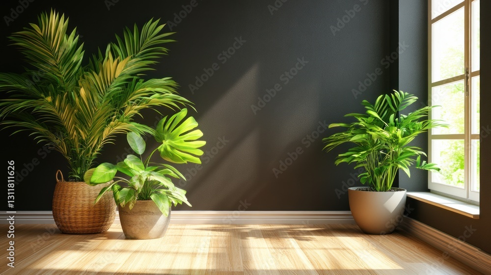 Fototapeta premium Sunlit corner with potted plants against a dark wall.
