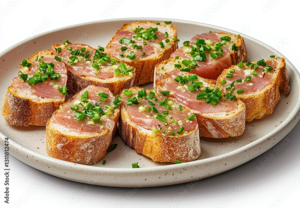 Savory Slices of Bread Topped with Fresh Chopped Herbs, Delicious Meat Toppings, Garnished with Green Onions on a Light Plate Savory Slices of Bread Topped with Fresh Chopped Herbs, Delicious Meat Toppings, Garnished with Green Onions on a Light Plate