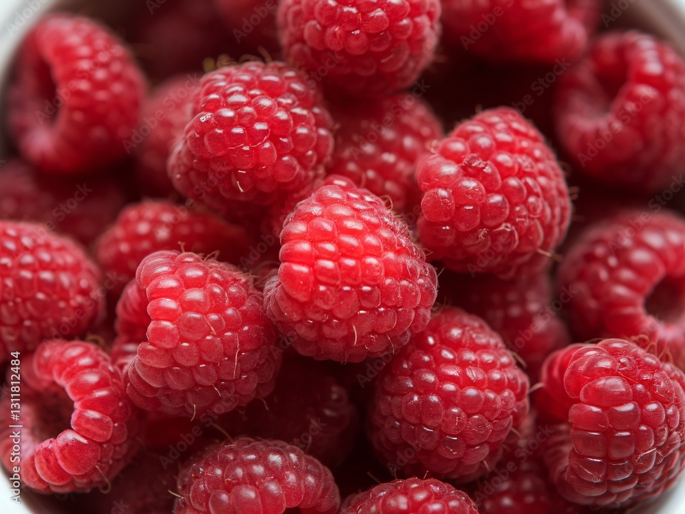 A close-up of fresh, vibrant red raspberries piled together in a bowl. A close-up of fresh, vibrant red raspberries piled together in a bowl.
